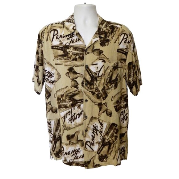 Panama Jack Hawaiian Shirt L Brown Rum Print Short Sleeve Button Rayon - Picture 5 of 7